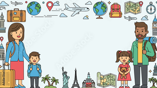 A cartoon illustration of a family with luggage and travel icons around them on a light blue background with various landmarks