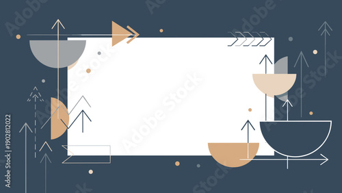 Geometric shapes and arrows on a dark blue background with white accents and decorative elements