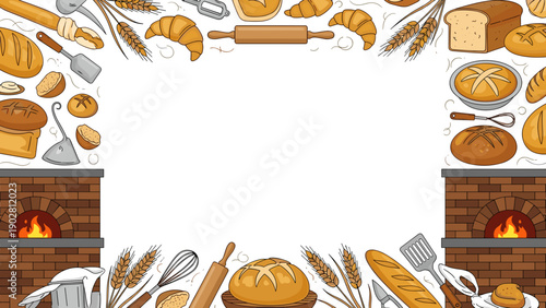 Baking elements and bread around two brick ovens with fire