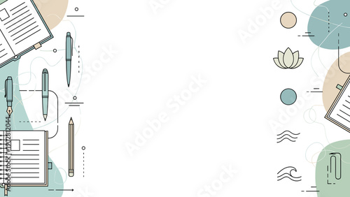 A colorful illustration of office supplies and decorative items on a with green and beige accents