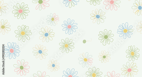Soft pastel colored hand-drawn daisy flower pattern on a light background, creating a gentle and cheerful floral design.