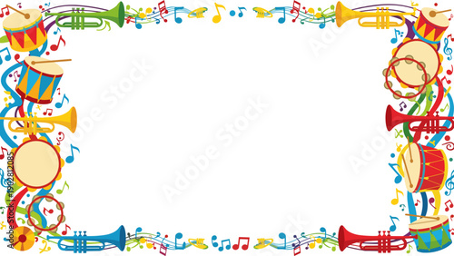 Colorful musical instruments and notes border frame for creative designs and music concepts
