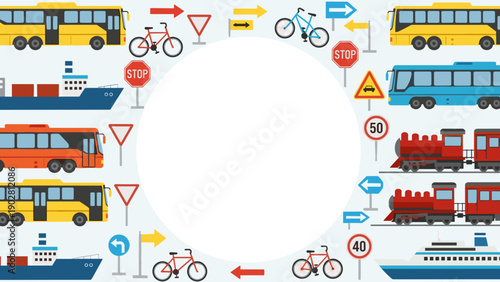 Transportation modes and traffic signs on a road with various vehicles and bicycles