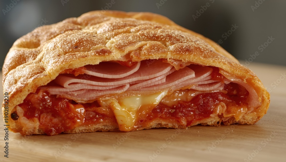 custom made wallpaper toronto digitalA detailed shot of a newly baked ham, cheese, and tomato sauce calzone
