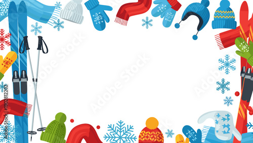 Colorful winter sports equipment and clothing border frame with snowflakes for seasonal decoration or design