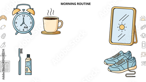 Morning routine concept with alarm clock coffee cup mirror and sneakers
