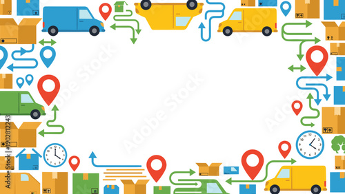 Colorful illustration of logistics and transportation icons forming a border on a with trucks and delivery symbols