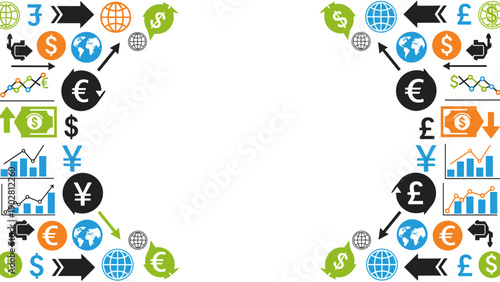Colorful currency symbols and icons arranged in a creative pattern on a for finance and economy concepts