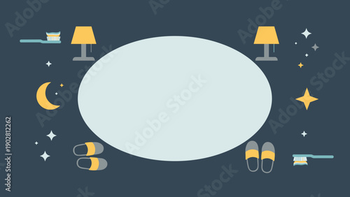 A digital illustration of a whimsical night time scene with a large oval and various bedroom objects