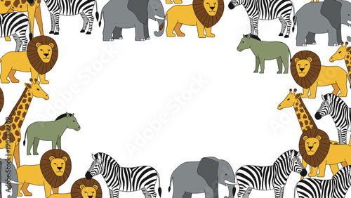 Colorful safari animals border frame with lions giraffes zebras elephants