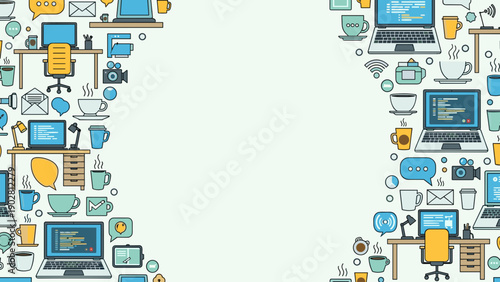 Collection of various office supplies and computer equipment illustrations on light green background for business or productivity concepts