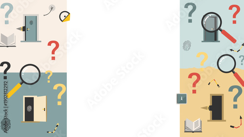 A colorful illustration of question marks and magnifying glasses with various objects