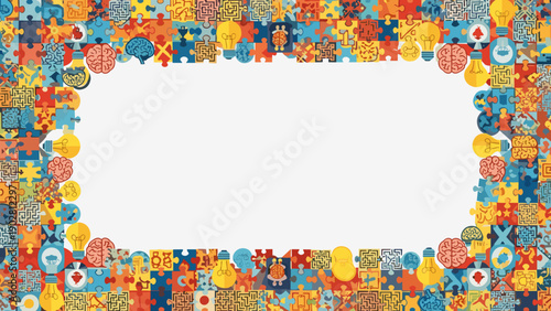 Colorful puzzle pieces border frame with white center for text or image