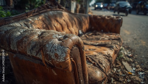 Close-up of soiled, abandoned sofas on a Thai roadside, with selective focus
