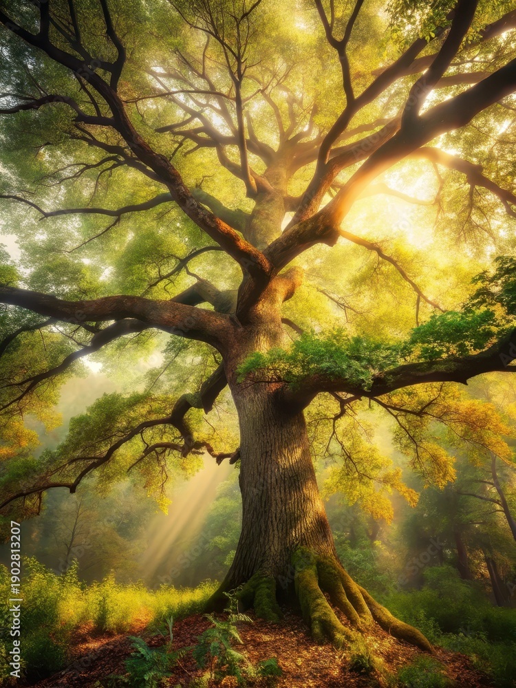 Fototapeta premium Warm sunlight pours through a leafy forest canopy onto a majestic oak tree with gnarled branches and vibrant foliage