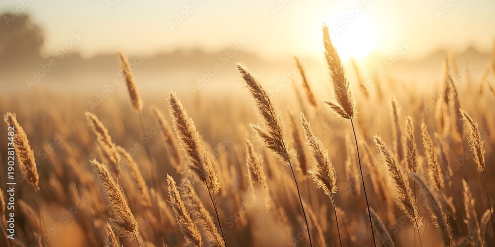Fototapeta premium Golden wheat field at sunrise with warm sunlight and misty atmosphere in rural landscape