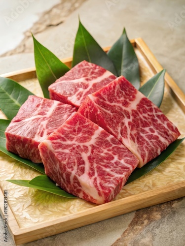 Indulge in the richness of premium Kobe beef marbling, artfully arranged on a natural stone plate to showcase its unbridled luxury and sophistication