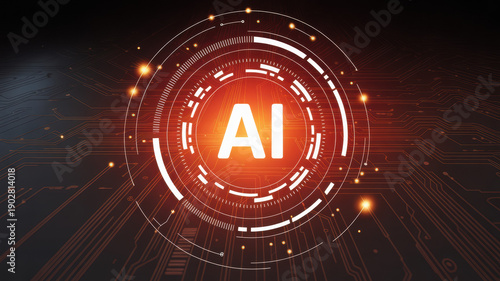 Futuristic digital illustration depicting an Artificial Intelligence concept with a glowing circular interface, symbolizing advanced technology, data processing, and innovation
