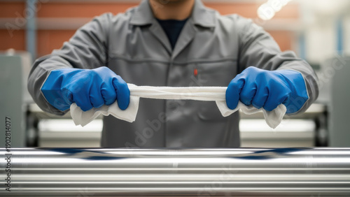 Factory technician in protective gloves stretching fabric sample to test strength and elasticity near industrial machine in modern manufacturing facility