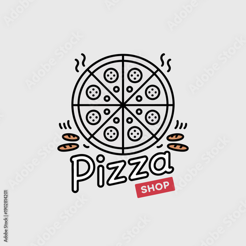 A modern and appealing logo design for a pizza shop featuring a stylized pizza graphic, exuding deliciousness and inviting customers to enjoy the delightful culinary experience.