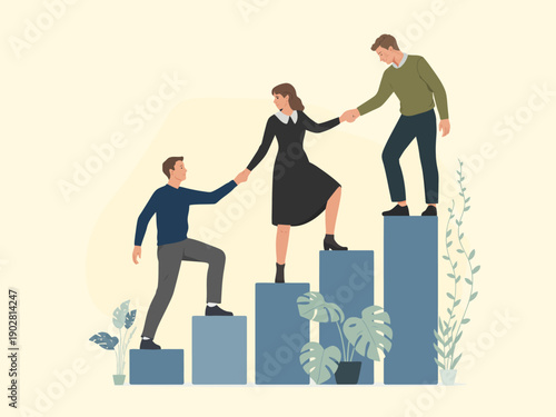 Three individuals collaborating and supporting each other while ascending steps of success, symbolizing teamwork and the journey of progress in personal and professional development.
