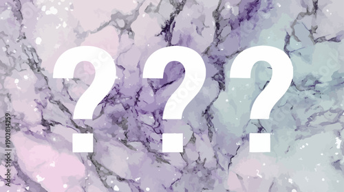 Abstract purple and white marble background with three question marks. Elegant textured surface symbolizing uncertainty, doubt, and mystery.