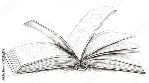 Hand drawn sketch of an open old book with fanned pages. Vintage monochrome illustration representing knowledge, education.