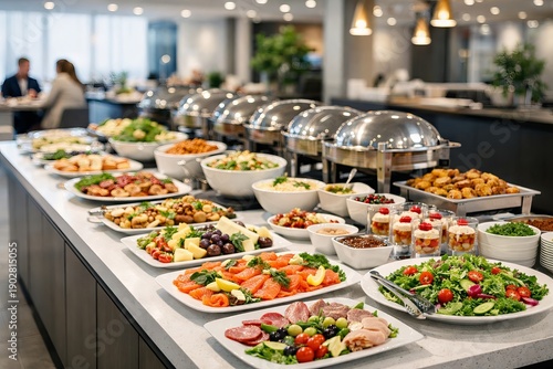 Variety of dishes on a buffet table at a restaurant, catered event, or hotel breakfast. Fresh food for dining experience