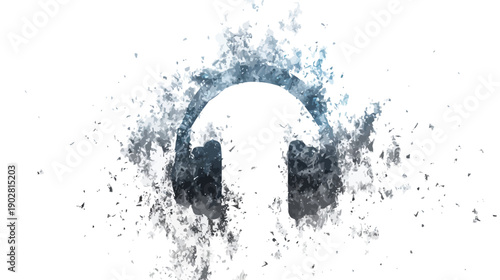 Abstract headphones dissolving into particles on a white background. Digital art concept of sound, music, audio, and technology.