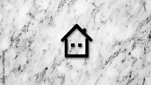 Elegant minimalist black house icon with subtle shadow on luxurious white marble background, ideal for real estate, home, property, and modern architectural concepts.