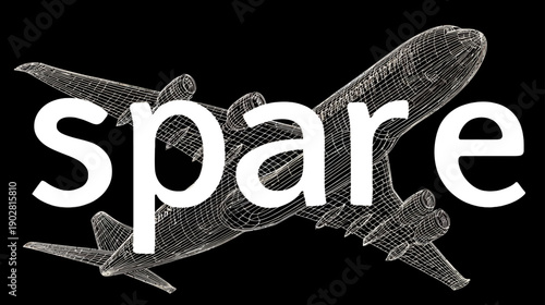 Digital Wireframe Airplane with 'Spare' Text on Black Background for Aviation, Engineering, and Technology Concepts