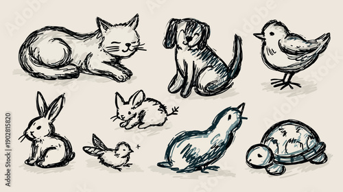 Hand-drawn sketch illustration set of cute baby animals including cat, dog, rabbit, birds, and turtle in a charming doodle style.