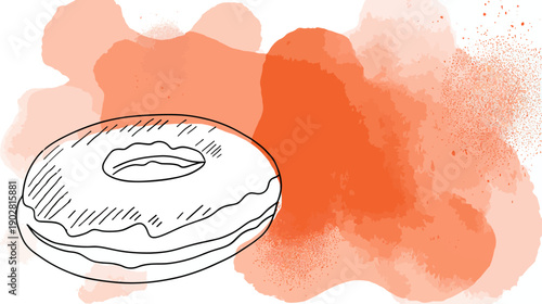 Sweet donut line art illustration with vibrant orange abstract background. Hand-drawn bakery dessert sketch graphic.