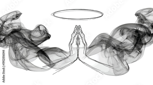 Spiritual Praying Hands with Ethereal Smoke and Heavenly Halo on White Background, Symbolic Devotion