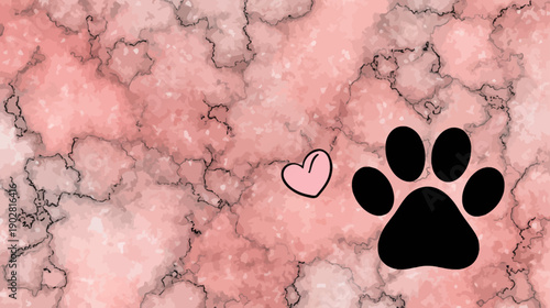 Cute Pink Rose Gold Marble Background with Black Paw Print and Heart Icon, Perfect for Pet Lovers and Sweet Designs
