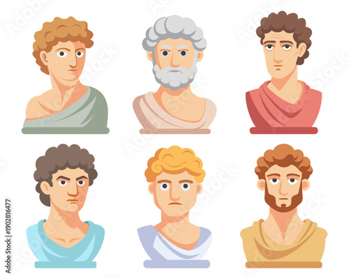 Collection of cute classical greek or roman male Busts. Modern stylized set of ancient sculptures. Flat illustration.