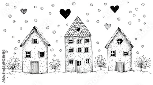 Whimsical hand-drawn houses with falling snow and hearts. Cozy black and white winter village illustration, perfect for holiday greetings and home themes.