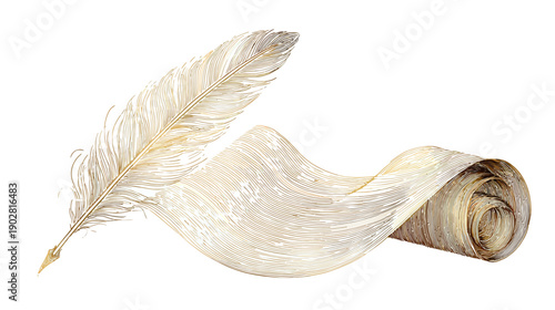 Elegant Vintage Quill Pen and Rolled Parchment Scroll Illustration, Ancient Writing Instrument and Old Paper for Text