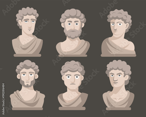 Collection of cute classical greek or roman male Busts. Modern stylized set of ancient sculptures.