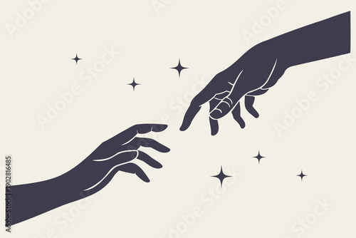 Two hands reaching out to each other. Celestial connection of outstretched arms in a starry embrace. Illustration.