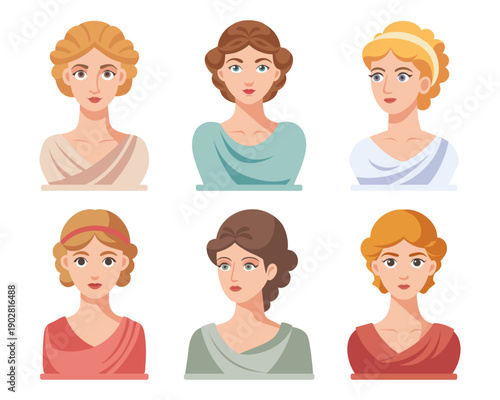 Collection of cute classical greek or roman female Busts. Modern stylized set of ancient sculptures. Flat illustration.