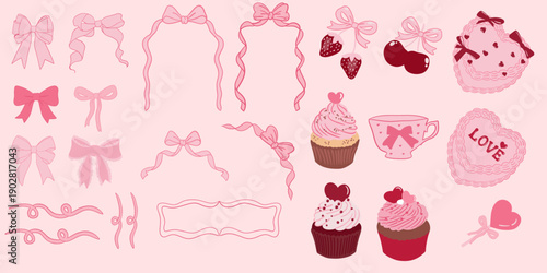 A cute and romantic vector illustration set featuring hand-drawn bows, ribbons, cupcakes, desserts, hearts, and decorative frames in soft pink and red tones.