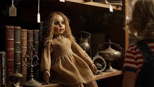 Child Interacting with Porcelain Doll in Attic.