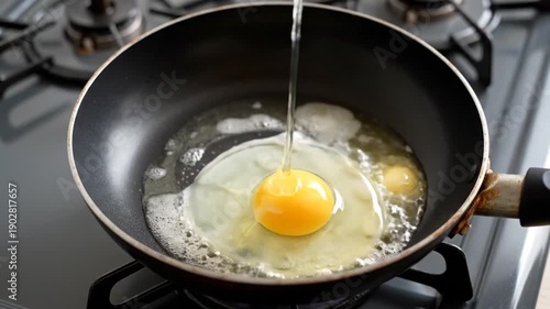 Cracking Eggs into Frying Pan on Stove.