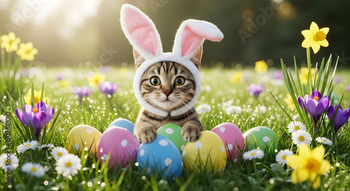 Easter Bunny Cat: An adorable cat, adorned with bunny ears, sits amidst a vibrant field of colorful Easter eggs and blooming flowers, capturing the essence of springtime charm and holiday spirit. 