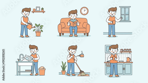 Man doing various household chores, cleaning, and daily tasks.