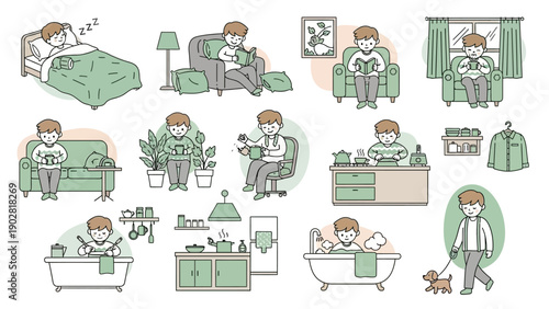 Man Engaged in Various Daily Activities and Hobbies at Home.