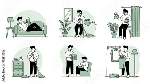 Man Engaged in Various Household Chores and Leisure Activities.