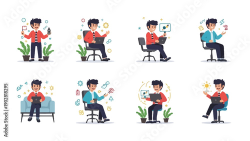 Man Engaged in Various Digital Activities with Devices.