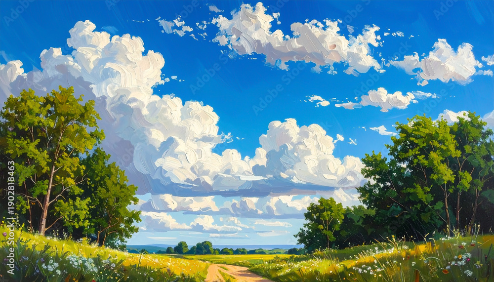 Naklejka premium 夏の草原と入道雲 アニメ風の青空風景イラスト